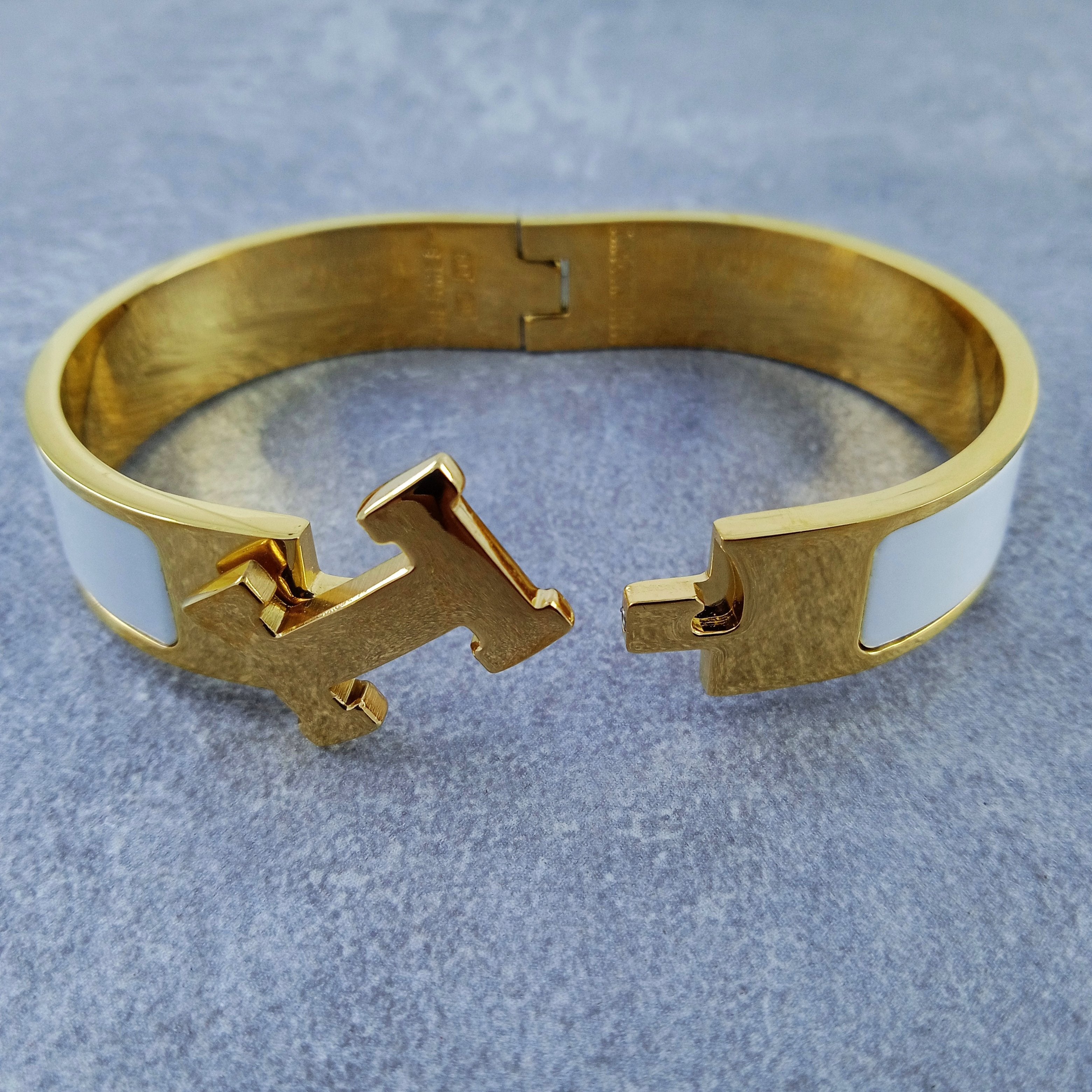 H Stainless Steel Gold White Openable Cuff Kada Bracelet For Men