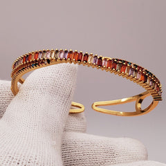 Rainbow Baguette Multicolor Gold Copper American Diamonds Crystal Cuff Kada Bangle For Women