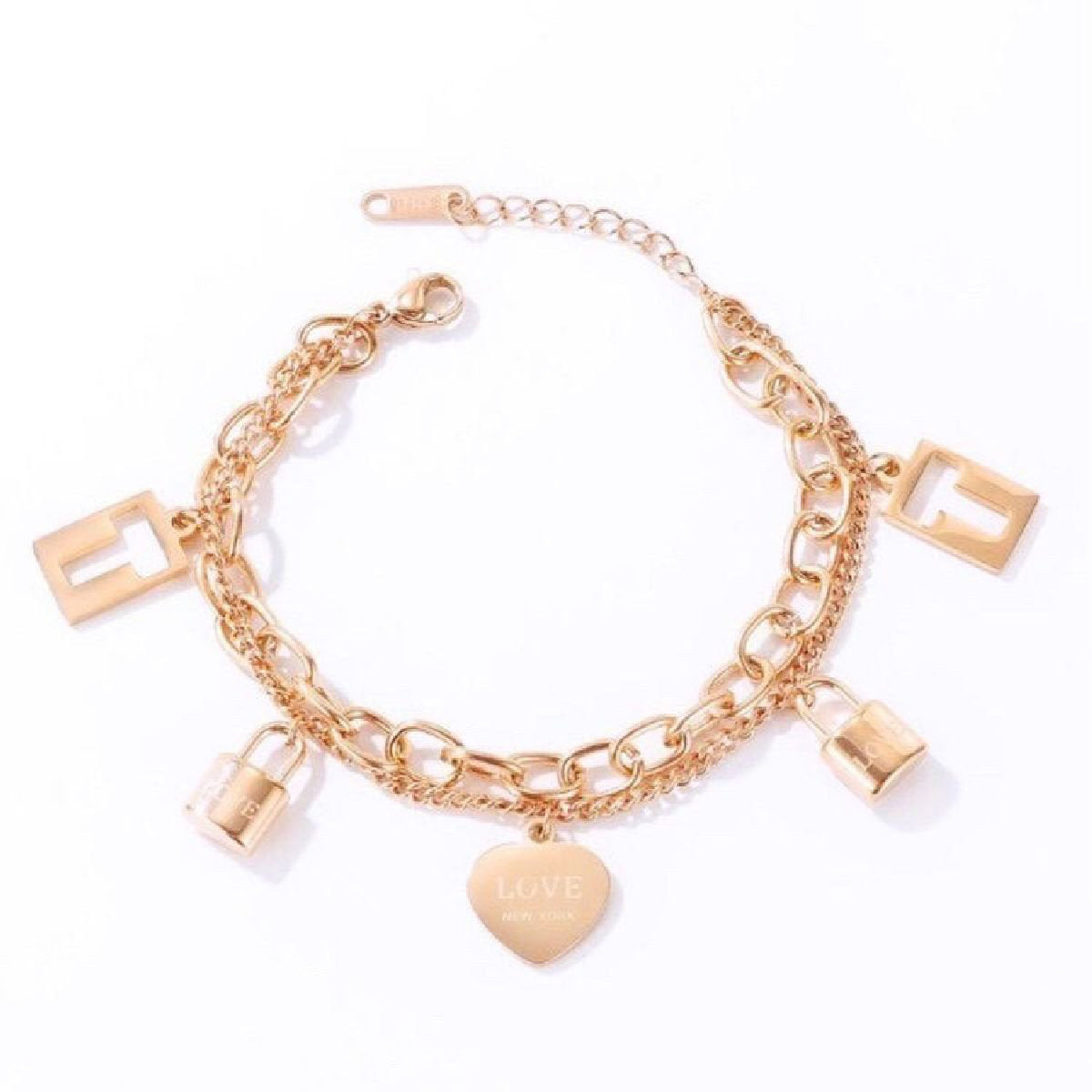 Heart Lock Rose Gold Stainless Steel Dual Chain Bracelet For Women