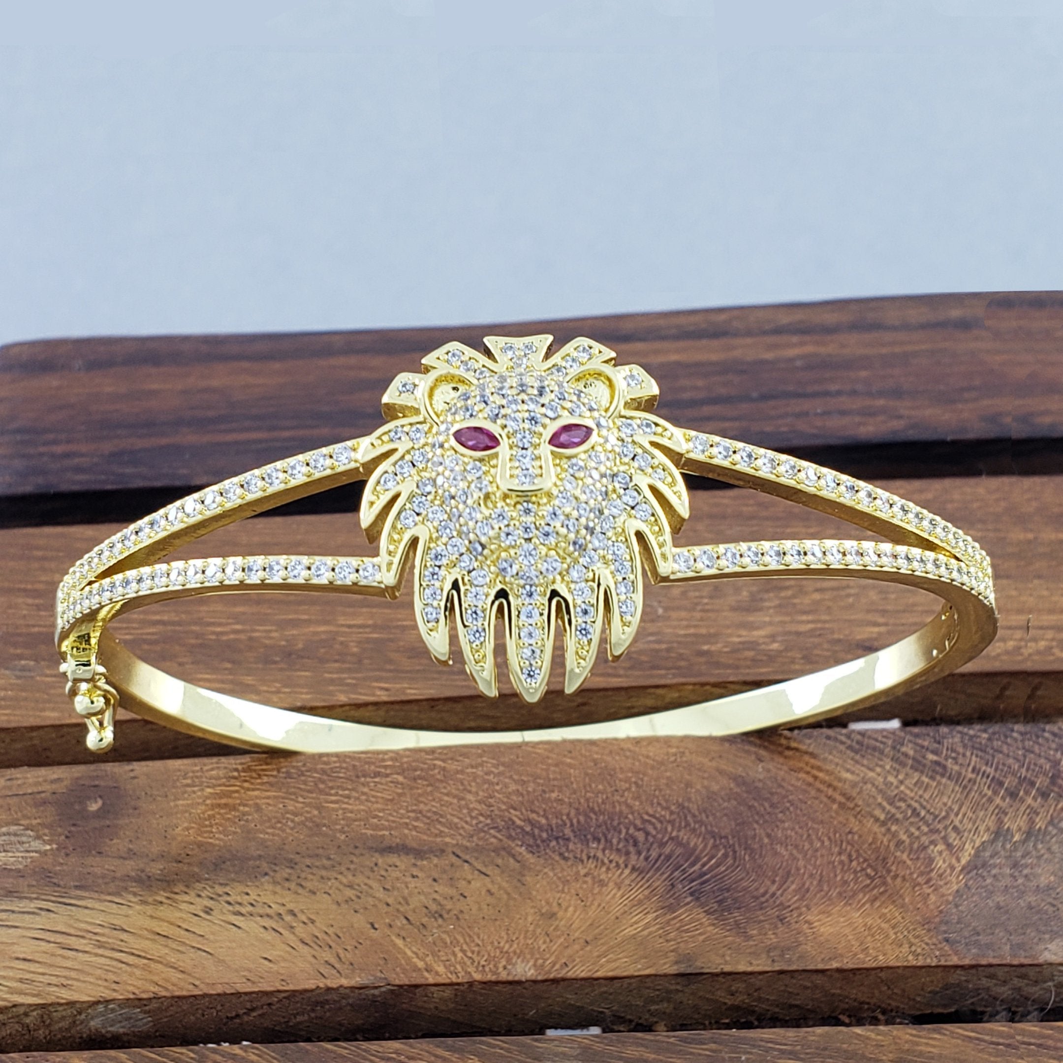 Lion Head Red Crystal Cubic Zirconia Openable Cuff Kada Bangle For Women