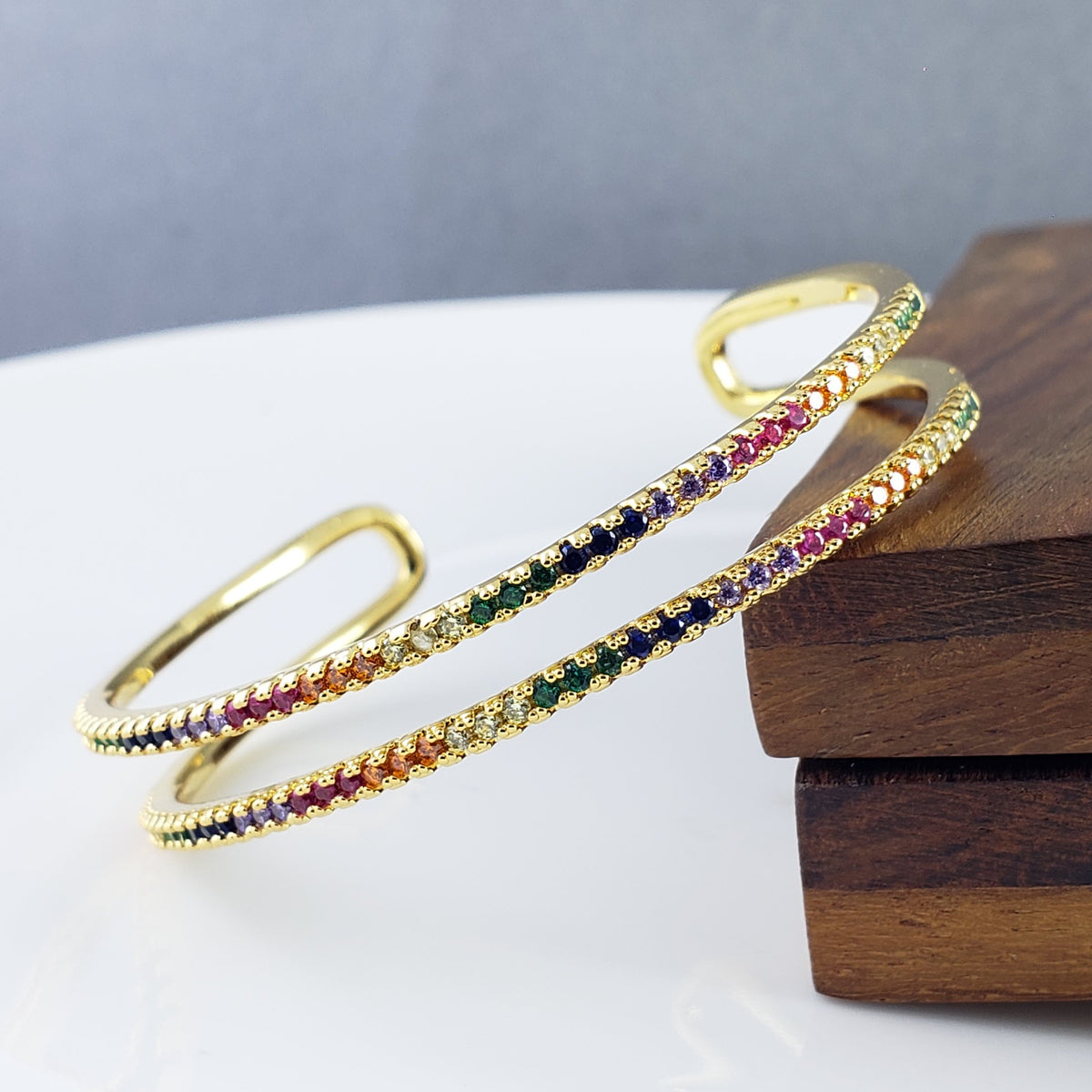 Rainbow Dual Layer Gold Crystal Cubic Zirconia Cuff Kada Bangle For Women