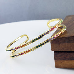 Rainbow Dual Layer Gold Crystal Cubic Zirconia Cuff Kada Bangle For Women
