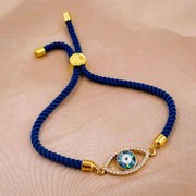 Evil eye Copper Gold Blue Cubic Zirconia Thread Slider Bracelet For Women