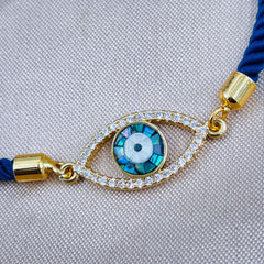 Evil eye Copper Gold Blue Cubic Zirconia Thread Slider Bracelet For Women