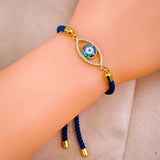 Evil eye Copper Gold Blue Cubic Zirconia Thread Slider Bracelet For Women
