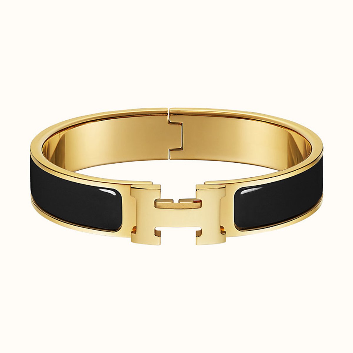 Hermes Stainless Steel Gold Black Openable Cuff Kada Bracelet For Women