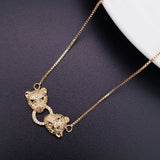 Dual Panther Green Gold Copper American Diamond Necklace Pendant Chain For Women
