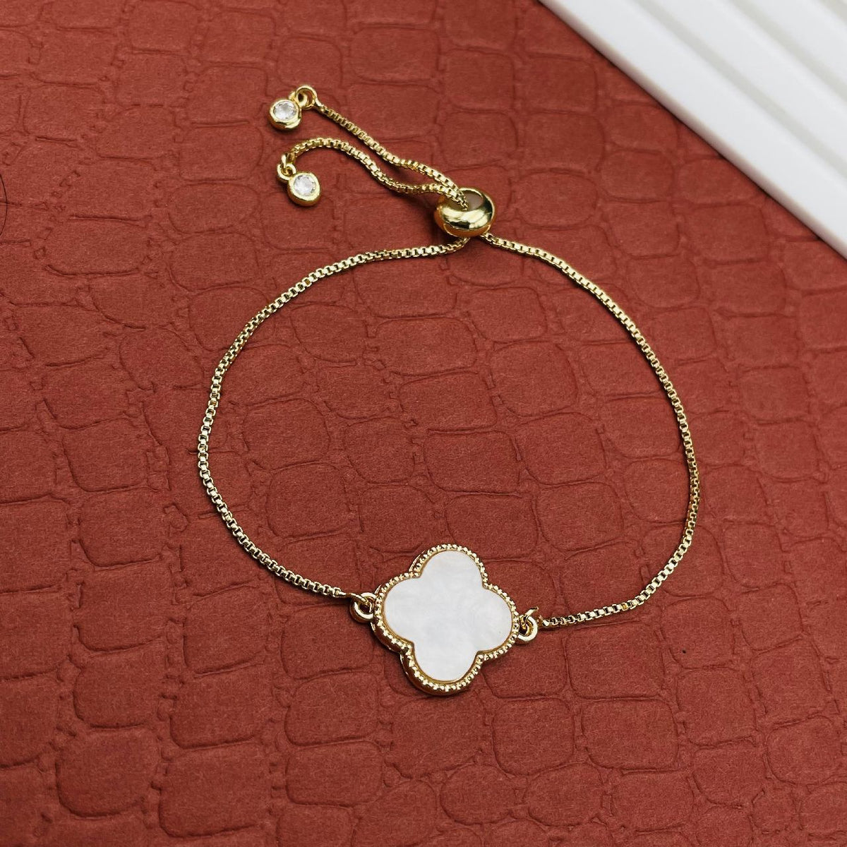 Clover Copper Enamel White Gold Flower Charms Slider Adjustable Bracelet For Women Girls