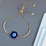 Copper American Diamonds Enamel Blue White Gold Evil Eye Hexagon Charms Slider Adjustable Bracelet For Women Girls