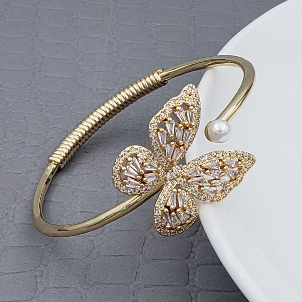 Butterfly Baguette Gold Copper American Diamonds Adjustable Kada Bangle For Women