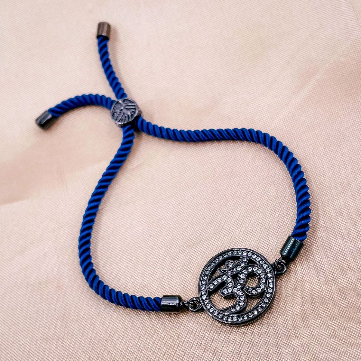 Om Copper Cubic Zirconia Black Blue Thread Adjustable Bracelet Women