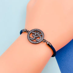 Om Copper Cubic Zirconia Black Blue Thread Adjustable Bracelet Women