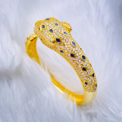 Panther American Diamond Gold Green Copper Cuff Kada Bangle For Women