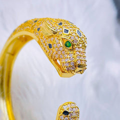 Panther American Diamond Gold Green Copper Cuff Kada Bangle For Women