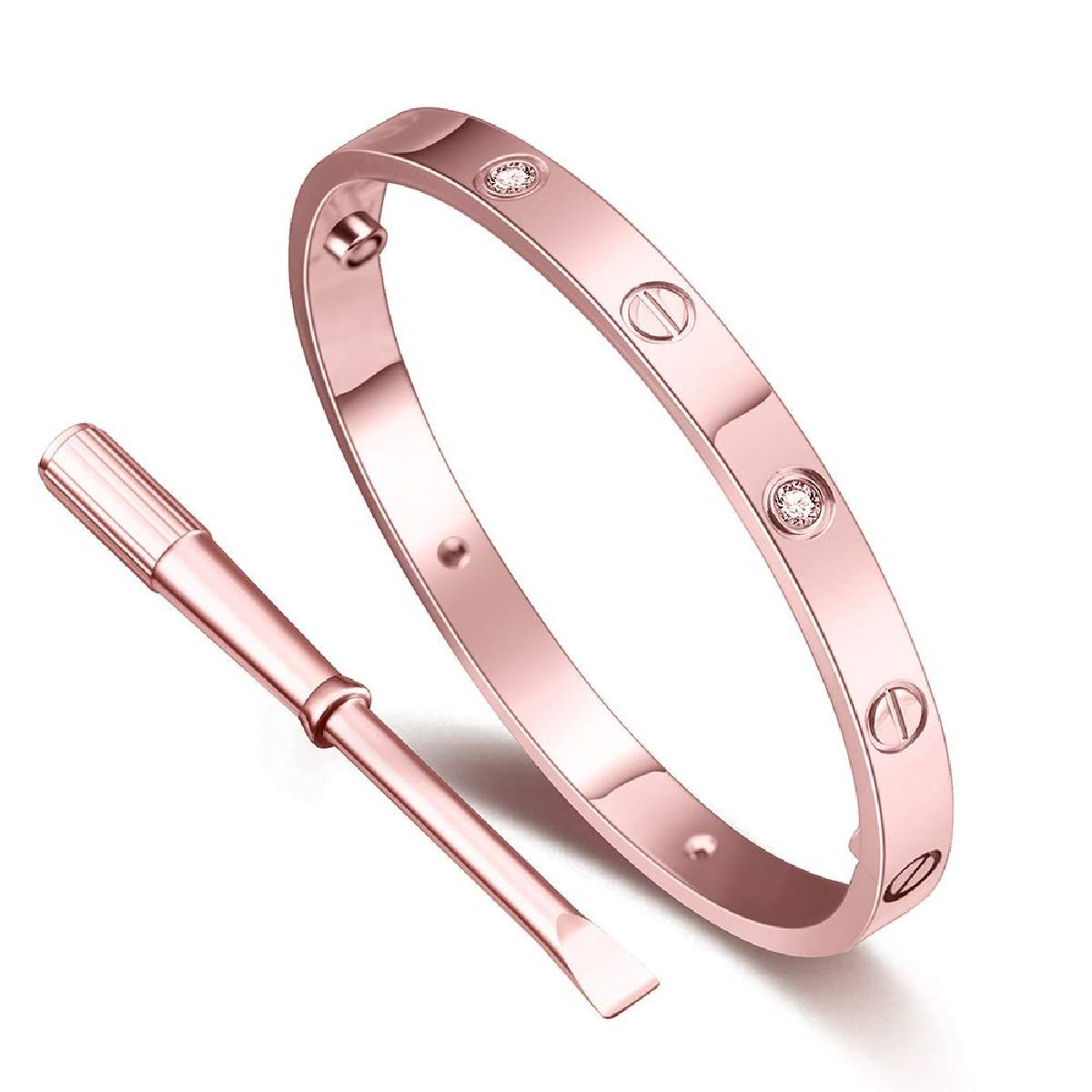 Pink Gold-Rose With Cubic Zirconia Screw Openable Kada Bangle For Women Men