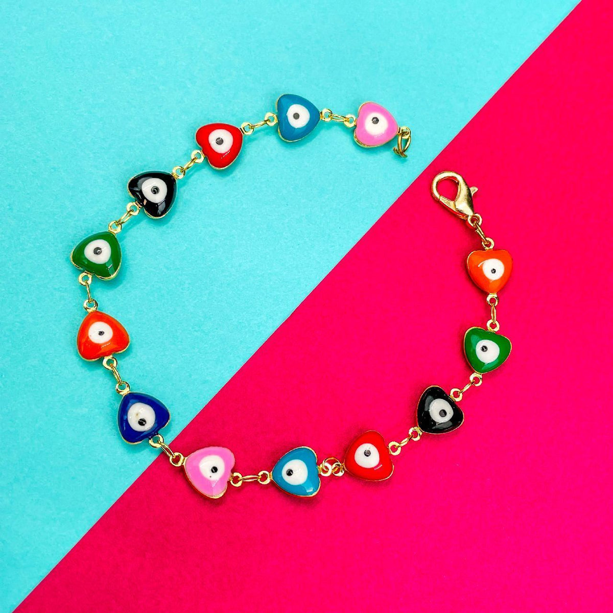 Copper Enamel Evil Eye Heart Gold Multicolour Bracelet For Women