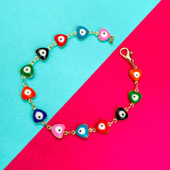 Copper Enamel Evil Eye Heart Gold Multicolour Bracelet For Women