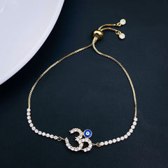 Copper Om Aum Evil Eye Cubic Zirconia Gold Adjustable Slider Bracelet