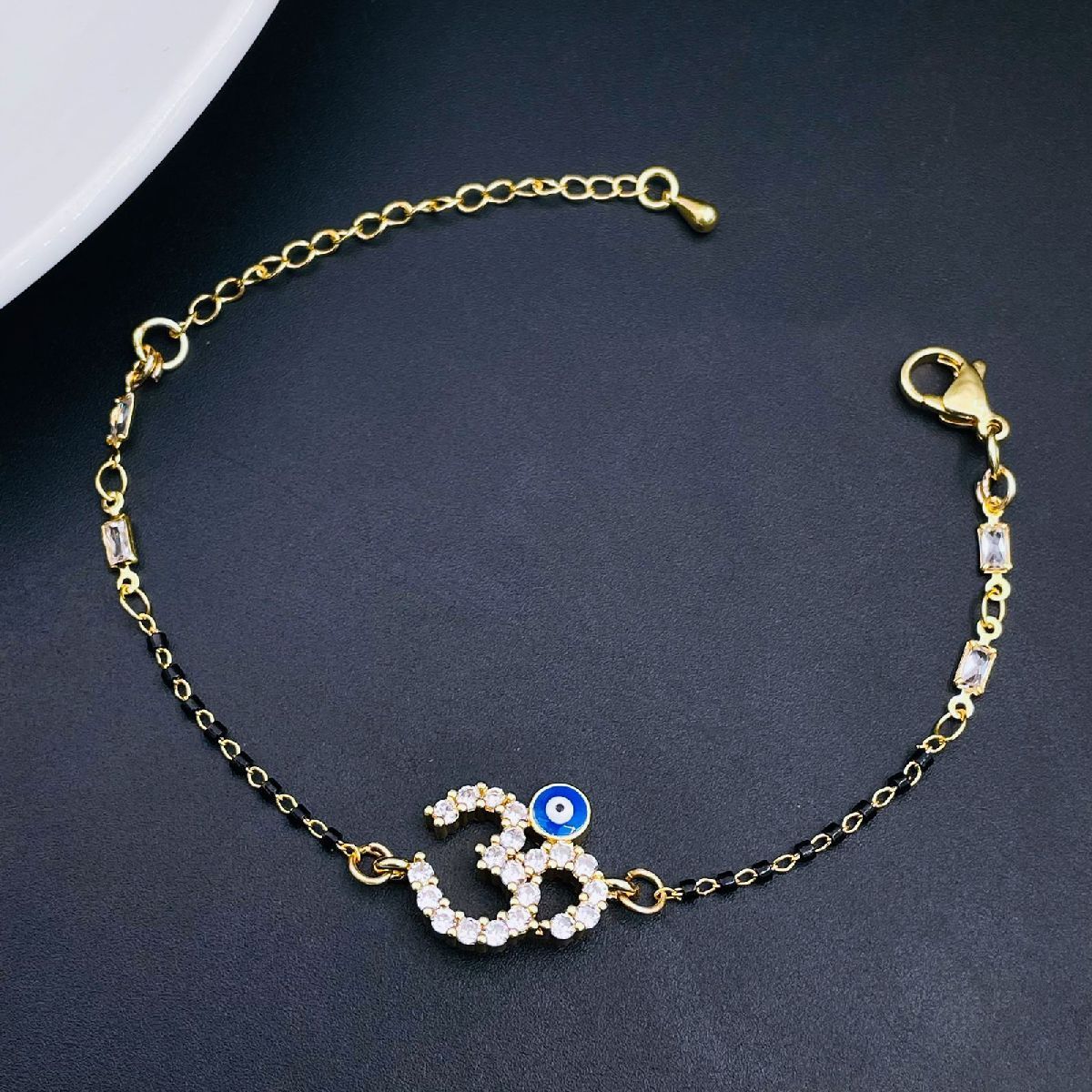 Om Aum Evil Eye Cubic Zirconia 18K Gold Copper Bracelet for Women