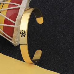 Stainless Steel Gold Om Engraved Cuff Kada For Men