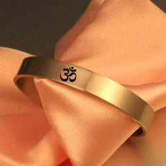 Stainless Steel Gold Om Engraved Cuff Kada For Men