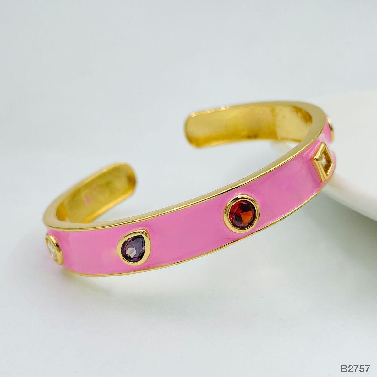 Copper Enamel Gemstone Crystal Pink Gold Bangle Kada Cuff For Women