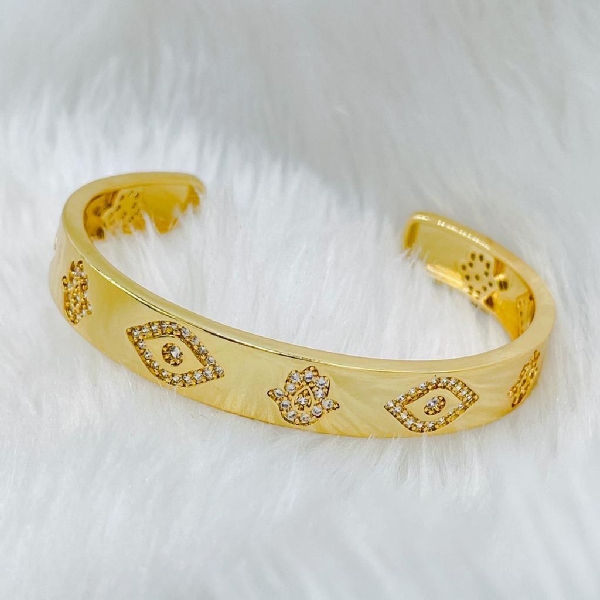 Evil Eye Hamsa Cubic Zirconia 18K Gold Copper Cuff Kada for Women