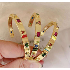 Fancy Shapes Multi color Zircon 18K Gold Glossy Copper Cuff Kada Bracelet for Women