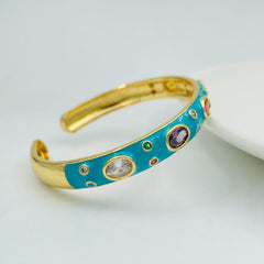 Copper Enamel Blue Gold Gemstone Crystal Bangle Kada Cuff For Women