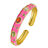 Copper Neon Pop Pink Enamel Multicolour Stones Gold Cuff Kada Bangle Women