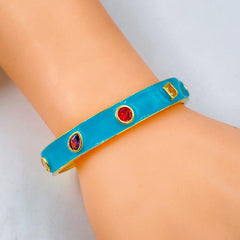 Copper Enamel Blue Gold Crystal Cubic Zirconia Bangle Kada Cuff Women