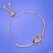 Hamsa Gold Blue Enamel Cubic Zirconia Copper Slider Bracelet