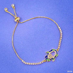 Hamsa Gold Blue Enamel Cubic Zirconia Copper Slider Bracelet