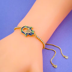 Hamsa Gold Blue Enamel Cubic Zirconia Copper Slider Bracelet