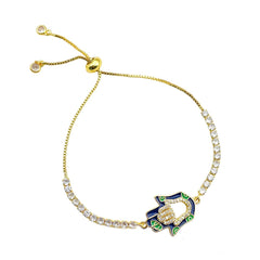 Hamsa Gold Blue Enamel Cubic Zirconia Copper Slider Bracelet