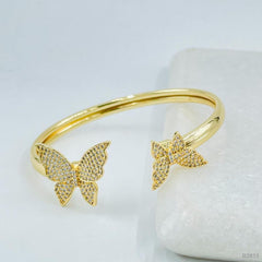 Twin Butterfly Cubic Zirconia 18K Gold Copper Bangle Kada Cuff Women