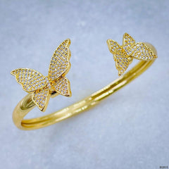 Twin Butterfly Cubic Zirconia 18K Gold Copper Bangle Kada Cuff Women