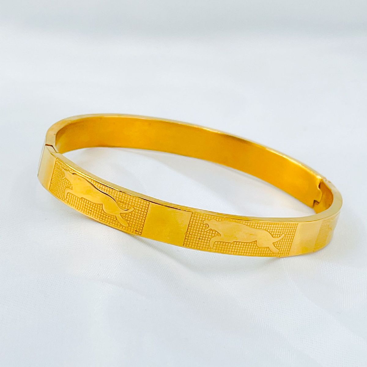 Running Lion Engrave Stainless Steel Gold Bangle Kada For Men
