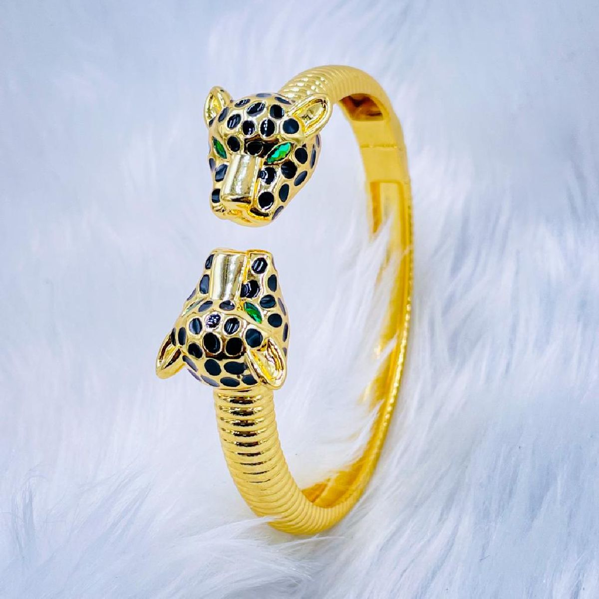 Copper Cubic Zirconia panther Gold Black Openable Bangle Cuff Women
