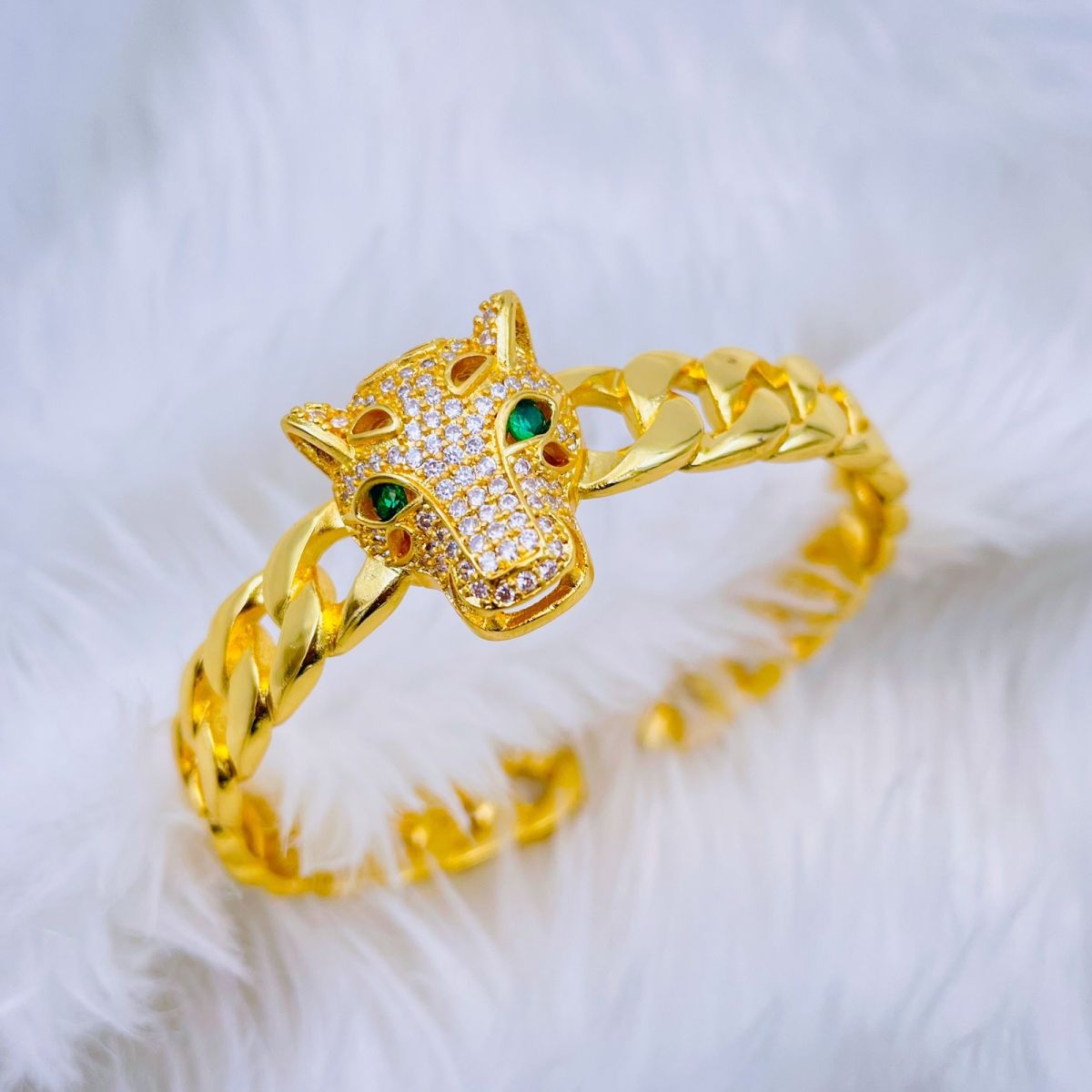 Copper Cubic Zirconia Panther Gold Curb Openable Bangle Cuff Only