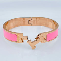 Stainless Steel Rose Gold Pink Enamel H Opeanble Bangle Kada For Women