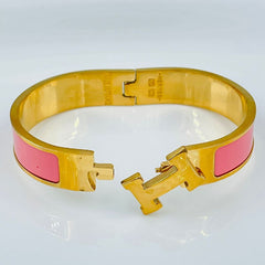 Stainless Steel Gold Pink Enamel H Bangle Kada For Women