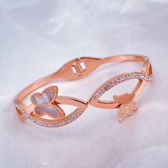 Stainless Steel Rose Gold Cubic Zirconia Mother Of Pearl Butterfly Bangle Kada
