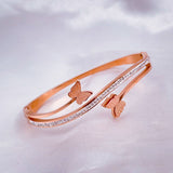 Dual Delicate Butterfly Stainless Steel Rose Gold Cubic Zirconia Bangle Kada