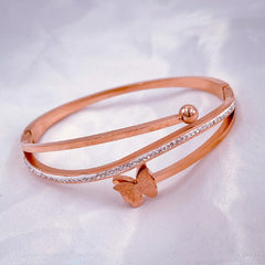 Delicate Butterfly Stainless Steel Rose Gold Cubic Zirconia Bangle Kada