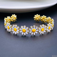Multi Color Daisy Flower Enamel 18K Gold Copper Bangle Cuff for Women