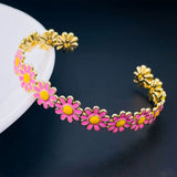 Multi Color Daisy Flower Enamel 18K Gold Copper Bangle Cuff for Women