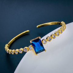 Emerald Cut Blue Cubic Zirconia 18K Gold Copper Bangle Cuff For Women