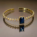 Emerald Cut Blue Cubic Zirconia 18K Gold Copper Bangle Cuff For Women