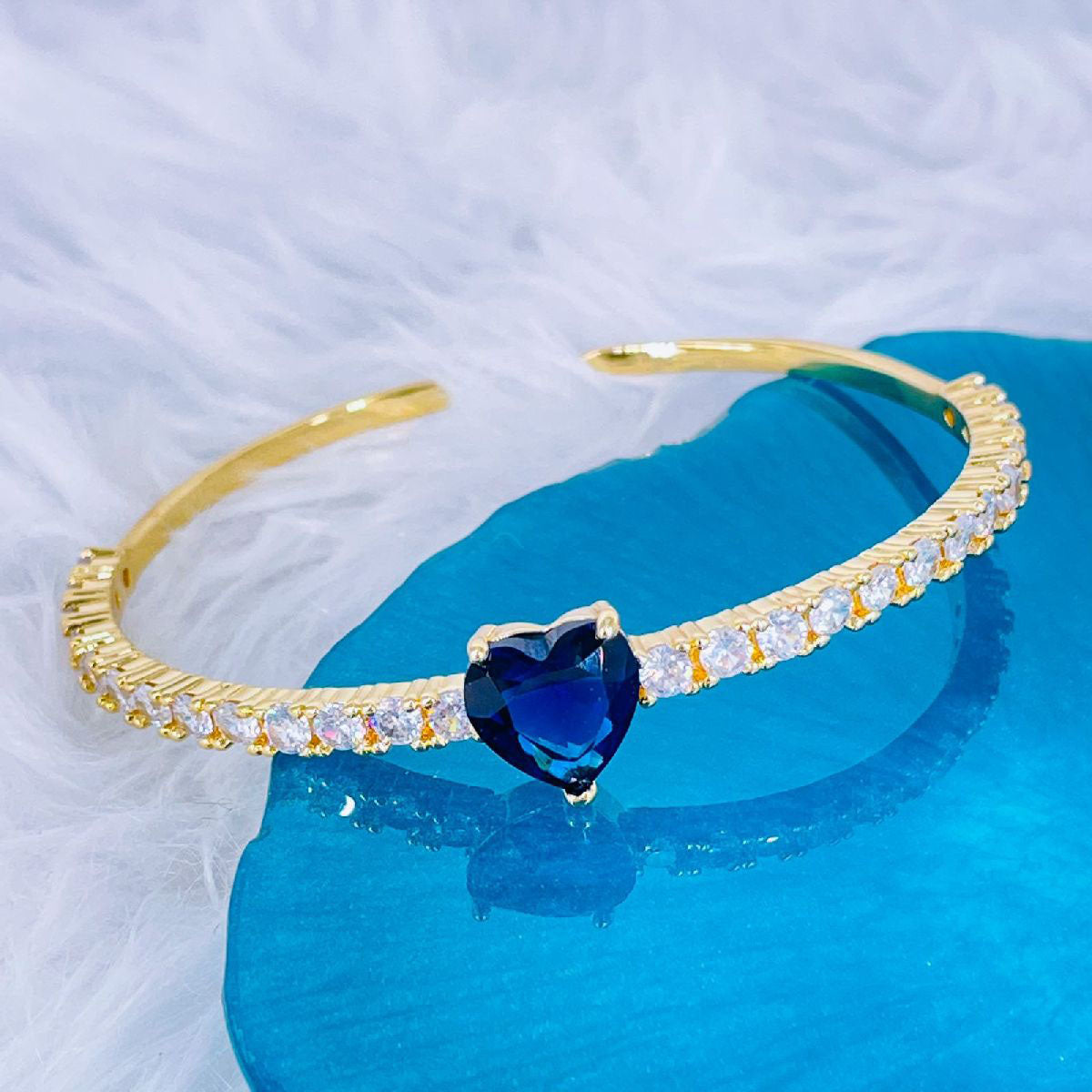 Heart Love Blue Cubic Zirconia 18K Gold Copper Bangle Cuff For Women